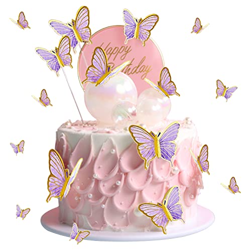 30 Stück Schmetterlings-Kuchendekorationen, Glitzer, 3D-Schmetterlings-Cupcake-Topper, gemischte Größe, Schmetterlings-Cupcake-Topper, lila Schmetterlings-Kuchendekorationen für Wanddekoration von SUBTAVIK
