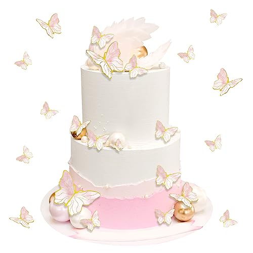 30 Stück Schmetterlings-Kuchendekorationen, Schmetterlings-Kuchenaufsatz, Schmetterlinge für Kuchen, goldene Schmetterlings-Kuchenaufsätze für Geburtstag, Hochzeit, Party (Rosa) von SUBTAVIK