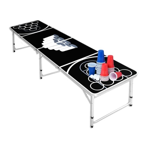 SUBTLETY Bierpong Tische aus Aluminium Höhenverstellbar Beer Pong Tisch Set mit 50 Rot Becher + 50 Blau Becher + 5 Weiß Bälle Klappbarer Beerpong Partytisch für Trinkspiele Kartenspiel (240x60x70cm) von SUBTLETY