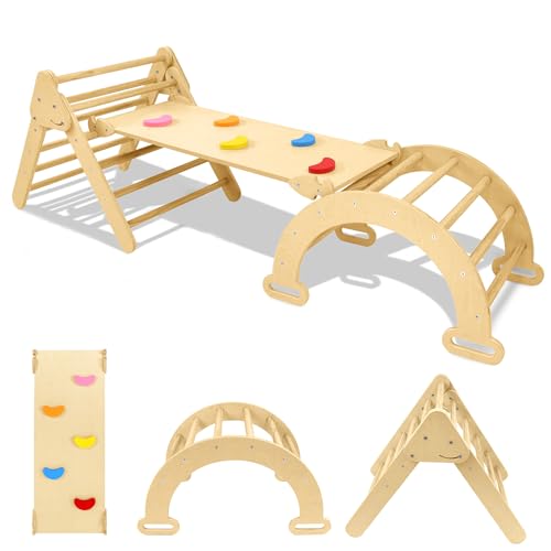 SUBTLETY Freistehende Kletterwände für Kinder 4-in-1 Holz Klettergerüst Indoor inkl. Kletterdreieck Kletterbogen & Rutsche Birkenholzspielplatz Lernspielzeug Heimsportgerät Tragfähigkeit bis 40KG von SUBTLETY