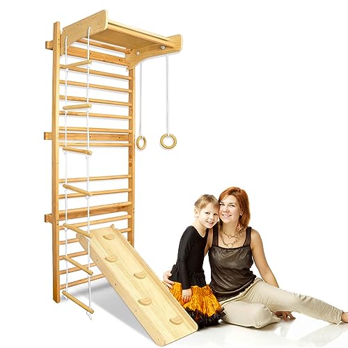 SUBTLETY Freistehende Kletterwände für Kinder 5-in-1 Holz Klettergerüst Indoor Sprossenwand inkl. Turnringe Holzplanke Kletterseil & Rutsche Heimsportgerät Lernspielzeug Tragfähigkeit bis 100KG von SUBTLETY