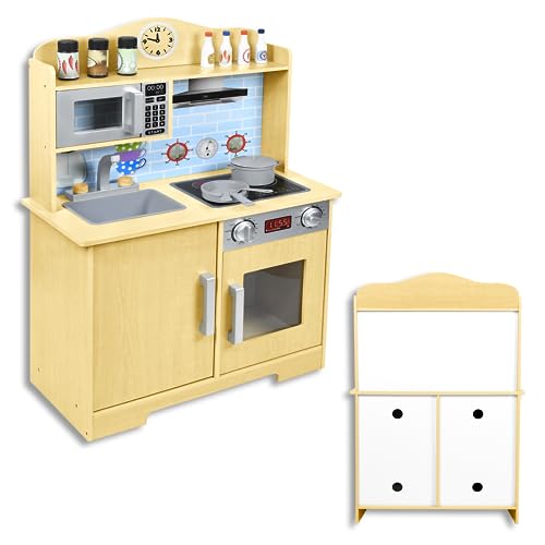 SUBTLETY Kinderküche aus MDF 59.5x29.5x91.7cm Spielküche Hölzerne Kinder Küchenspielzeug Set mit Spatel Suppentopf Bratpfanne Wasserhähne und Zubehör Kinderspielküche für Kinder ab 3 Jahren (Typ B) von SUBTLETY