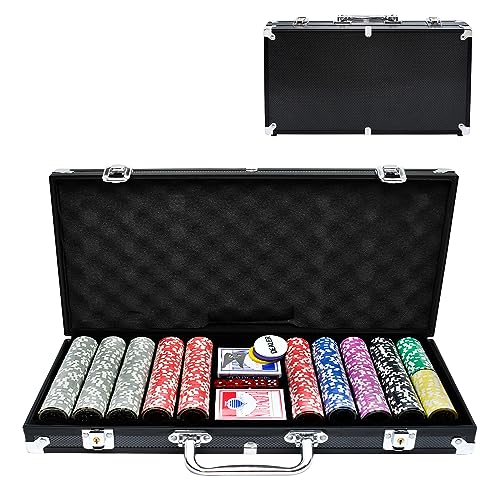 SUBTLETY Pokerkoffer Pokerset mit Aluminium Gehäuse 500 Laser Pokerchips Professionelle Poker Set inkl. 2X Pokerdecks, 3X Dealer Button, 5X Würfeln, 2X Schlüssel (Schwarz) von SUBTLETY