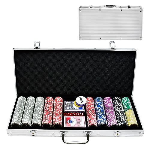 SUBTLETY Pokerkoffer Pokerset mit Aluminium Gehäuse 500 Laser Pokerchips Professionelle Poker Set inkl. 2X Pokerdecks, 3X Dealer Button, 5X Würfeln, 2X Schlüssel (Silber) von SUBTLETY