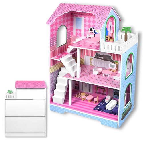 SUBTLETY Puppenhäuser aus MDF Puppenhaus Holz mit 15 Möbeln und Zubehör Dreistöckiges Dollhouse Traumvilla 70x36x100cm Traumhaus Spielzeug mit Schlafzimmer Balkon Treppe für Kinder ab 3 Jahren (Typ B) von SUBTLETY