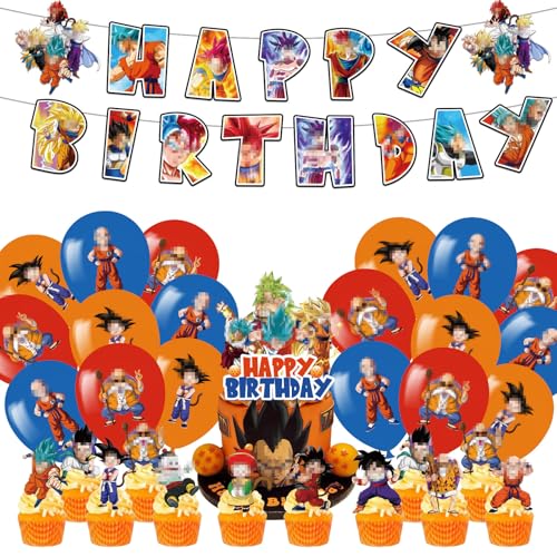 44Pcs Goku Geburtstag Dekoration Set, Goku Geburtstag Luftballons, Geburtstag Banner und Kuchen Toppers, Kindergeburtstag Party Dekorationen, Goku Kinder Geburtstag Deko Zubehör, für Anime Thema Party von SUEHBEXF
