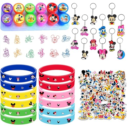 SUEHBEXF 86Pcs Mickey Themed Party Mitgebsel Set, 12 Silikonarmbänder, 12 Mickey Stempel, 12 Mickey Schlüsselanhänger, 50 Aufkleber, Mickey Mitgebsel Geburtstag, Party Gastgeschenk für Jungen Mädchen von SUEHBEXF