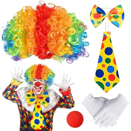 5 Stück Clown Kostüm Accessoire Clown Kostümzubehör Clown Lockenperücke+Clown Weste+Clownsnase+Bunte Fliege+Handschuhe Lockenperücke Clown für Kinder Erwachsene Karneval Halloween Party von SUFANG