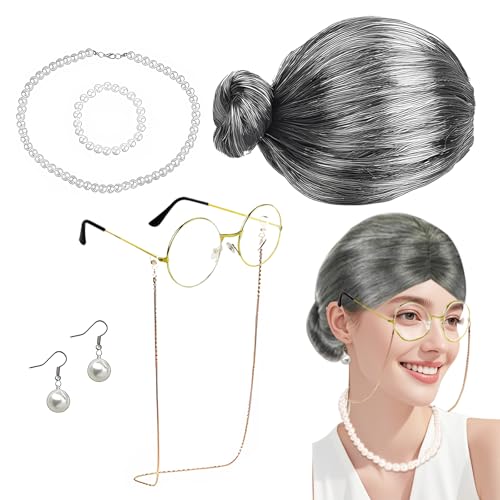 Alte Dame Cosplay Set 8 Stück Old Lady Kostüm Großmutter Cosplay Zubehör Set Oma Perücke Kappe Oma Brille Brillen Ketten Armband Perlenkette Ohrringe für Fasching Maskerade Cosplay Party von SUFANG