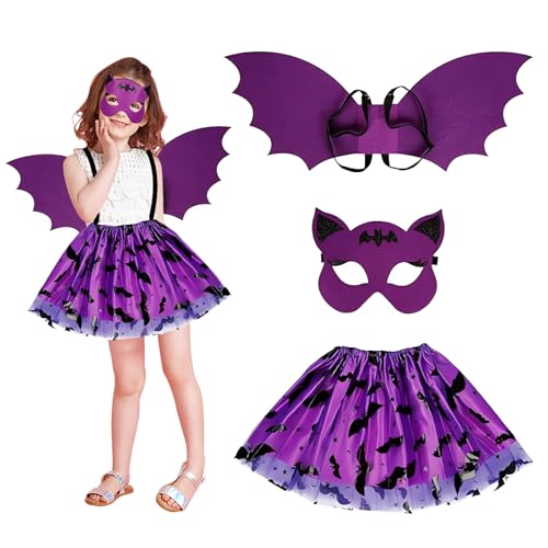 SUFANG 3Tlg. Fledermaus Kostüm Mädchen Fledermaus Maske mit Fledermausflügel und Tutu Fledermaus Kostüm Kinder Fledermaus Flügel Kostüm Fledermauskostüm für Karneval Cosplay Halloween von SUFANG