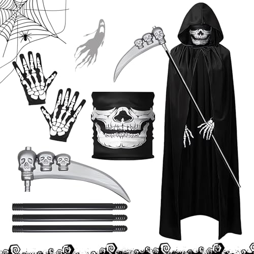 SUFANG Sensenmann Kostüm Sensenmann Umhang mit Kapuze Schädelmaske Sense und Skelett Handschuhe Grim Reaper Kostüm Erwachsene Reaper Kostüm Schwarz Herren Damen für Party Karnevals Cosplay von SUFANG