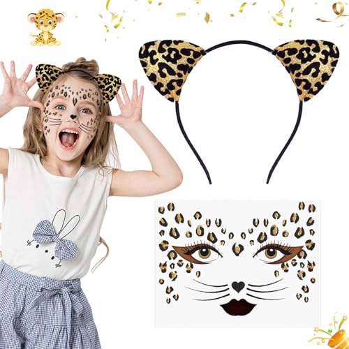 Leopard Kostüm Set Leoparden Kostüm Damen Und Kinder Leopardenmuster Tattoo Katzenohren Haarreif Leopard Gesicht Kunst Aufkleber Leoparden Kostüm Set für Kostüm Party Dekoration Zubehör von SUFANG