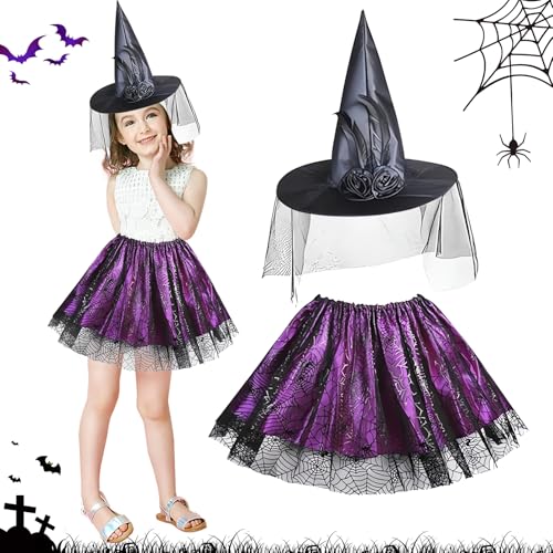 2-teilig Hexenkostüm Kinder Tüllrock Tütü Rock mit Hexenhut Hexenkostüm Mädchen Halloween Kostüm Kinder Hexe Kostüm Kinder Hexen Verkleidung Set für Halloween Karneval Fasching Mottoparty von SUFANG