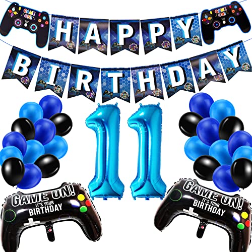 Geburtstagsdeko Jungen 11 Jahre, Gamer Deko Geburtstag, Happy Birthday Girlande Banner Deko Junge, Gamecontroller Luftballons Schwarz Blaue Ballons Set für Kinder Videospiel Thema Party Zubehör von SUHANIOP