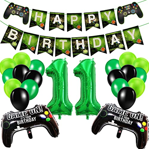 Geburtstagsdeko Jungen 11 Jahre, Gamer Deko Geburtstag, Happy Birthday Girlande Banner Deko Junge, Gamecontroller Luftballons Schwarz Grün Ballons Set für Kinder Videospiel Thema Party Zubehör von SUHANIOP