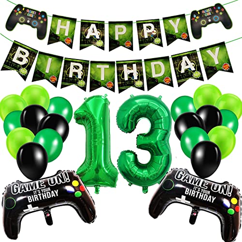 Geburtstagsdeko Jungen 13 Jahre, Gamer Deko Geburtstag, Happy Birthday Girlande Banner Deko Junge, Gamecontroller Luftballons Schwarz Grün Ballons Set für Kinder Videospiel Thema Party Zubehör von SUHANIOP