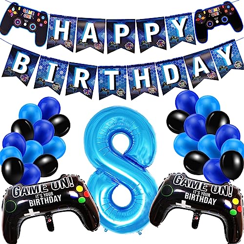 Geburtstagsdeko Jungen 8 Jahre, Gamer Deko Geburtstag Luftballons 8 Junge, Happy Birthday Banner 8 Deko Junge, Gamecontroller Luftballons Schwarz Blaue Ballons Set für Kinder Videospiel Party Zubehör von SUHANIOP