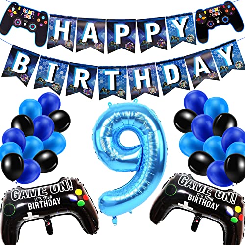 Geburtstagsdeko Jungen 9 Jahre, Gamer Deko Geburtstag, Happy Birthday Girlande Banner Deko Junge, Gamecontroller Luftballons Schwarz Blaue Ballons Set für Kinder Videospiel Thema Party Zubehör von SUHANIOP