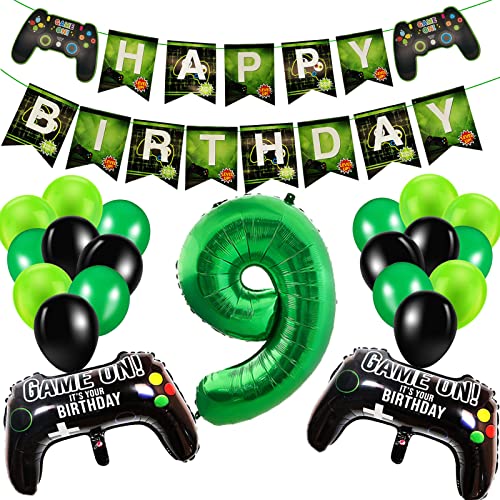 Geburtstagsdeko Jungen 9 Jahre, Gamer Deko Geburtstag, Happy Birthday Girlande Banner Deko Junge, Gamecontroller Luftballons Schwarz Grün Ballons Set für Kinder Videospiel Thema Party Zubehör von SUHANIOP