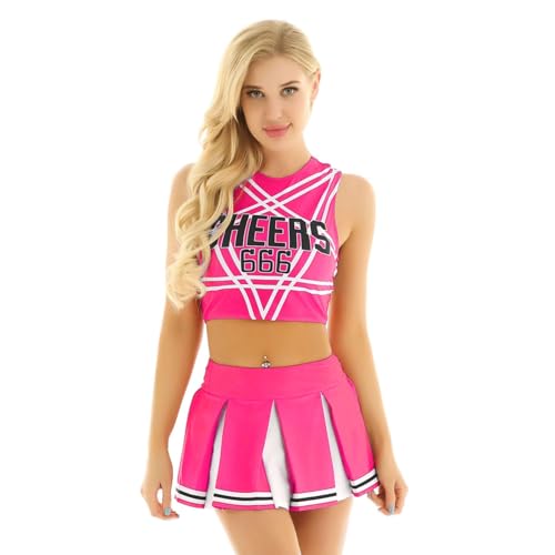 Cheerleading-Kostüm für Damen, High School, Musikalisches Kostüm, Halloween, Fasching, Wettbewerbskostüm (Hot Pink, L) von SUIBOZ