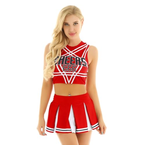 Cheerleading-Kostüm für Damen, High School, Musikalisches Kostüm, Halloween, Fasching, Wettbewerbskostüm (Rot, XL) von SUIBOZ