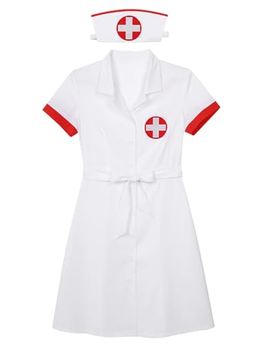 Damen-Krankenschwester-Kostüm, Rollenspiel-Kostüm, Reverskragen, kurzärmelig, Uniformkleid mit Gürtel und Hut (Weiß, M) von SUIBOZ