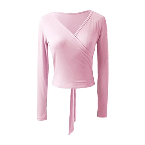 Dance Langärmeliges Wickeloberteil für Damen, klassisches Ballett, Tanz, bauchfreies Top, Yoga, Pilates, Bluse, Rosa, Größe XL von SUIBOZ