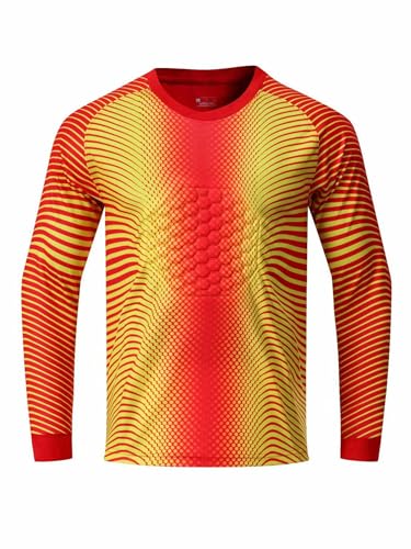 Gepolstertes Torwarttrikot für Kinder, Jugendliche, für Jungen, langärmelig, Fußball-Torwarttrikot, Sport-Trainings-T-Shirts (Rot und Gelb, 9–10 Jahre) von SUIBOZ