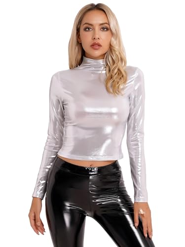 Glänzendes Metallic-Hemd für Damen, langärmelig, holografische Tanz-Shirts, Stehkragen, Tank-Tops, Disco-Party, Clubwear, Tee (E, L) von SUIBOZ