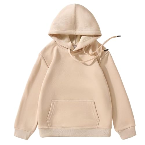 Kinder-Kapuzenpullover für Jungen und Mädchen, langärmelig, mit Taschen, Kordelzug, athletisches T-Shirt (Beige, 13–14 Jahre) von SUIBOZ