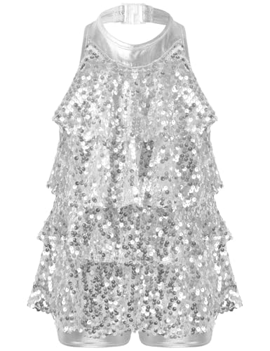 Kinder Mädchen Tanzkleid mit glitzernden Pailletten, Neckholder, rückenfrei, Gymnastikanzug, moderner Jazz, lateinamerikanische Tanzkostüme (Silber, 12–13 Jahre) von SUIBOZ