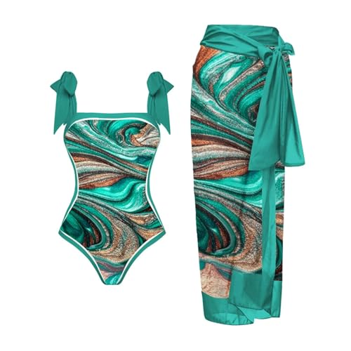 Langer Damen-Badeanzug, 1 Badebekleidung + 1 Überzug, zweiteiliger Vintage-Druck, Monokini, Bikini, 2-teiliger Sarong, Strandbekleidung, Tankini-Set (10, XXL) von SUIBOZ