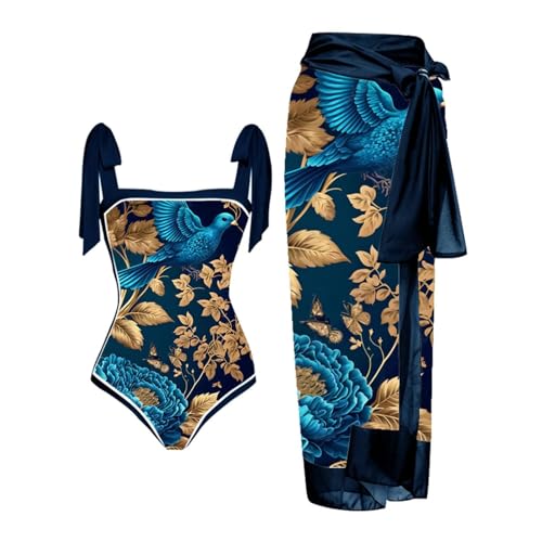 Langer Damen-Badeanzug, 1 Badebekleidung + 1 Überzug, zweiteiliger Vintage-Druck, Monokini, Bikini, 2-teiliger Sarong, Strandbekleidung, Tankini-Set (2, 3XL) von SUIBOZ