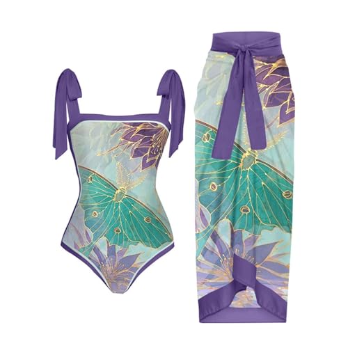 Langer Damen-Badeanzug, 1 Badebekleidung + 1 Überzug, zweiteiliger Vintage-Druck, Monokini, Bikini, 2-teiliger Sarong, Strandbekleidung, Tankini-Set (7, 3XL) von SUIBOZ