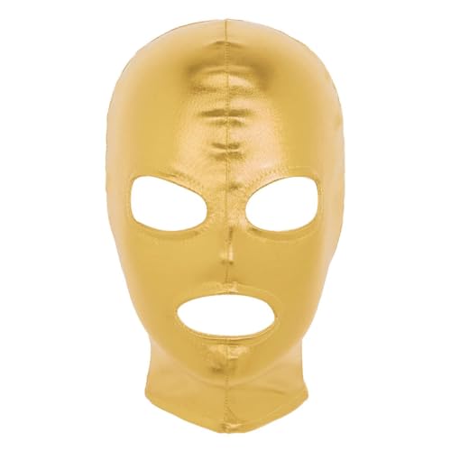 Männer erwachsene Leder Vollgesichtsmaske Zentai Kapuze Maske glänzend metallisch atmungsaktiv offene Augen Mund uni Kopfbedeckungen (Gold, eine Größe) von SUIBOZ