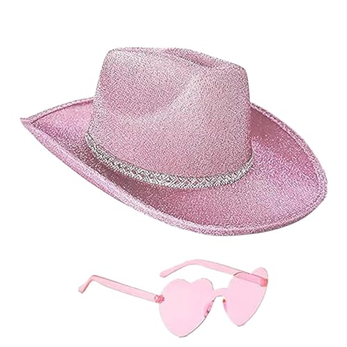 SUIBOZ Glitzernder Cowboyhut, glitzernder Cowgirl-Hut, Retro-Disco-Hut, Goldpuder, Tanzhut, Party-Requisiten, Zubehör für Musikfestivals (Glitzer-Strass-Cowboyhut + Brille) von SUIBOZ