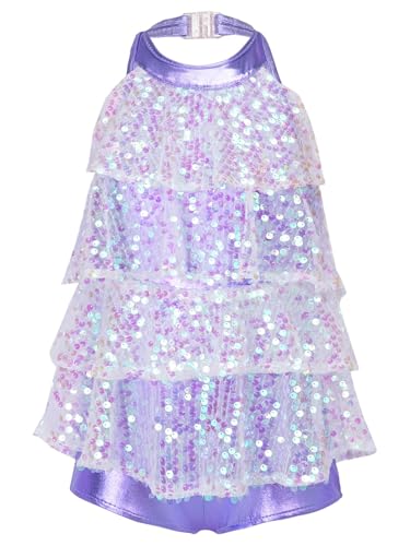 SUIBOZ Kinder Mädchen Funkelnde Pailletten Tanz Kleid Neckholder Ausschnitt Rückenfrei Turnanzug Kleider Moderne Jazz Latin Tanzen Kostüme (Lavendel, 4-5 Jahre) von SUIBOZ