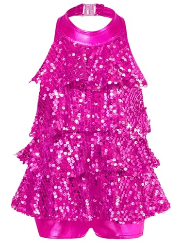 SUIBOZ Kinder Mädchen Funkelnde Pailletten Tanzkleid Neckholder Ausschnitt Rückenfrei Turnanzug Kleider Moderne Jazz Latin Tanzen Kostüme (Rose, 10-11 Jahre) von SUIBOZ