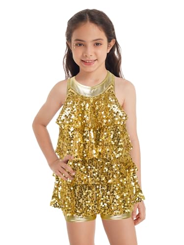 SUIBOZ Kinder Mädchen Tanzkleid mit glitzernden Pailletten, Neckholder, rückenfrei, Gymnastikanzug, moderner Jazz, Latein-Tanzkostüme (Gold, 8–9 Jahre) von SUIBOZ