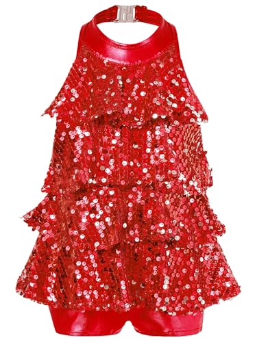 SUIBOZ Kinder Mädchen Tanzkleid mit glitzernden Pailletten, Neckholder, rückenfrei, Turnanzug, Kleider, moderner Jazz, Latein-Tanzkostüme (rot, 4–5 Jahre) von SUIBOZ