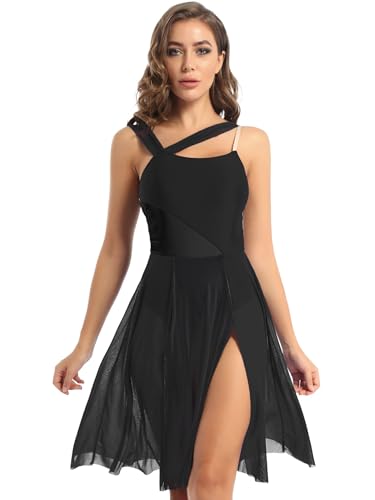 SUIBOZ Lyrisches Tanzkostüm für Damen, ärmellos, Balletttrikot, Kleid, Netz-Overlay, modern, zeitgenössische Tanzkleidung (Schwarz, XL) von SUIBOZ