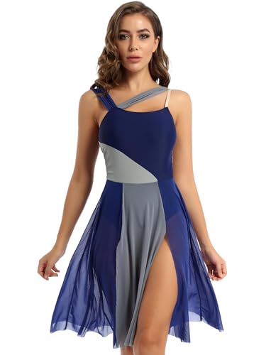 SUIBOZ Lyrisches Tanzkostüm für Damen, ärmellos, Balletttrikot, Kleid, Netz-Overlay, modern, zeitgenössische Tanzkleidung (marineblau, XL) von SUIBOZ