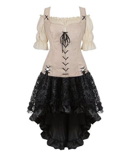 SUIBOZ Mittelalterliches Kostüm für Damen, Kleid, Rock, Set, Renaissance, Steampunk, Piratenweste, Wikinger, Mieder, Schnürweste, Cosplay, Beige (Beige6505khaki, 3XL) von SUIBOZ