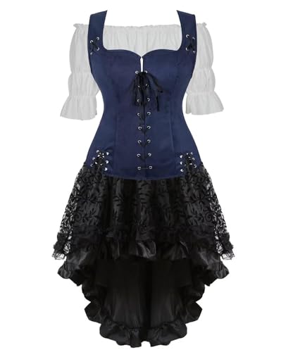 SUIBOZ Mittelalterliches Kostüm für Damen, Kleid, Rock, Set, Renaissance, Steampunk, Piratenweste, Wikinger, Mieder, Schnürweste, Cosplay, Dunkelblau 6505 Weiß, 3 Set, 3XL von SUIBOZ