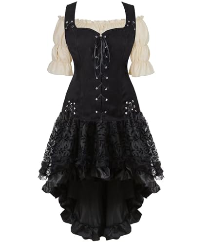 SUIBOZ Mittelalterliches Kostüm für Damen, Kleid, Rock, Set, Renaissance, Steampunk, Piratenweste, Wikinger, Mieder, Schnürweste, Cosplay, Schwarz (6505Khaki, 3XL) von SUIBOZ