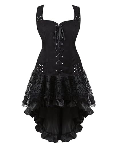 SUIBOZ Mittelalterliches Kostüm für Damen, Kleid, Rock, Set, Renaissance, Steampunk, Piratenweste, Wikinger, Mieder, Schnürweste, Cosplay, Schwarz (Black6505white, 3XL) von SUIBOZ