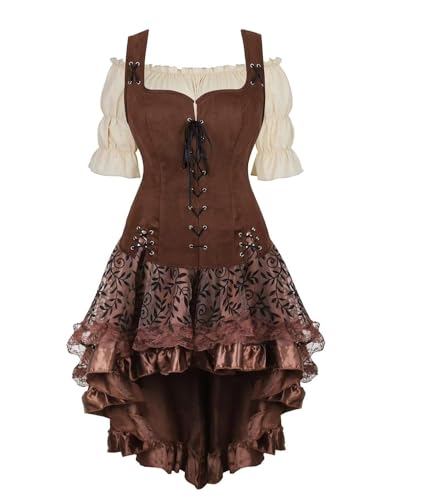 SUIBOZ Mittelalterliches Kostüm für Damen, Kleid, Rock, Set, Renaissance, Steampunk, Piratenweste, Wikinger, Mieder, Schnürweste, Cosplay (Coffee65057056khaki, S) von SUIBOZ