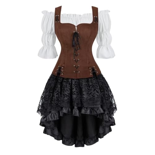 SUIBOZ Mittelalterliches Kostüm für Damen, Kleid, Rock, Set, Renaissance, Steampunk, Piratenweste, Wikinger, Mieder, Schnürweste, Cosplay (Coffee6505white, 3er-Set, L) von SUIBOZ