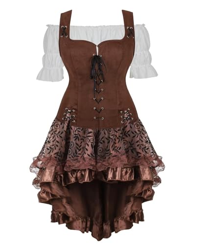 SUIBOZ Mittelalterliches Kostüm für Damen, Kleid, Rock, Set, Renaissance, Steampunk, Piratenweste, Wikinger, Mieder, Schnürweste, Cosplay (Coffee7056white, 3er-Set, S) von SUIBOZ