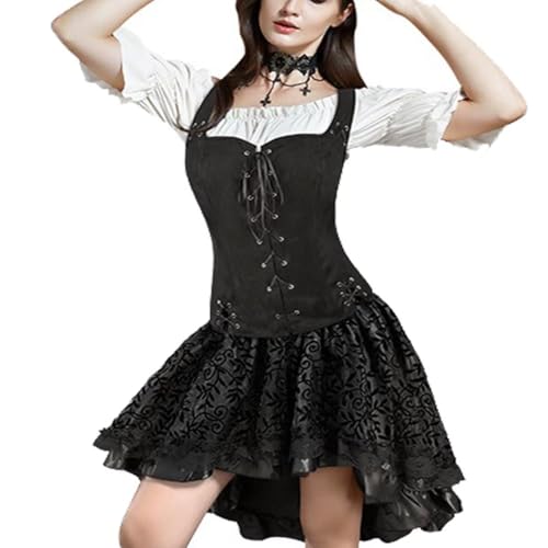 SUIBOZ Mittelalterliches Kostüm für Damen, Kleid, Rock, Set, Renaissance, Steampunk, Piratenweste, Wikinger, Mieder, Schnürweste, Cosplay (Schwarz, 6505 Weiß, 3 Set, XL) von SUIBOZ